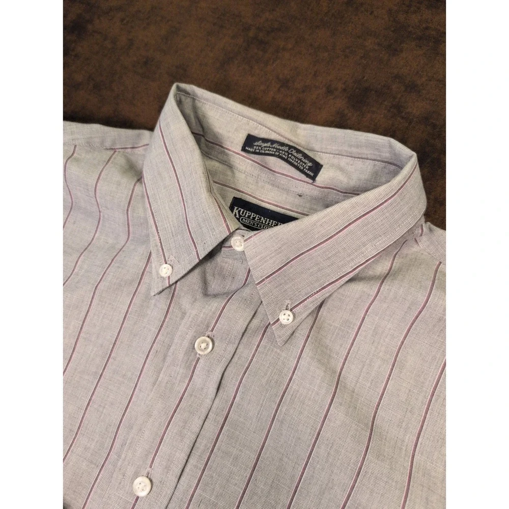Kuppenheimer Mens Striped Button Down Shirt Grey Burgundy Long Sleeve 16.5 32/33